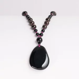 collier mala avec pendentif en Obsidienne