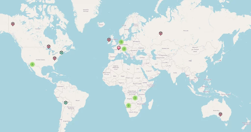 Carte des gisements de Malachite dans le monde
