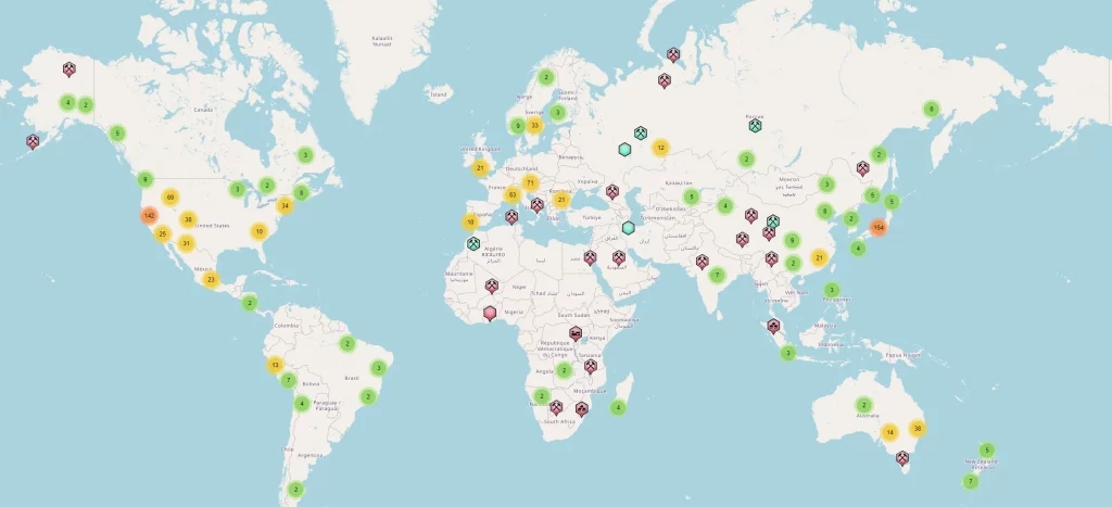 Carte des gisements de Rhodonite dans le monde