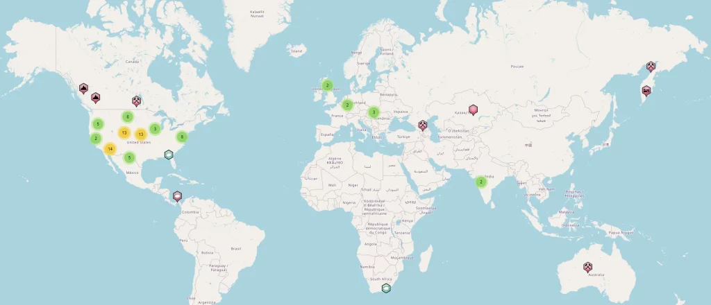 Carte des gisements de Agate Mousse dans le monde (source mindat.org)