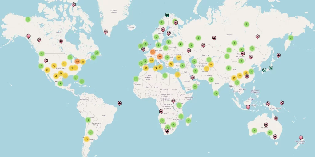 Carte des gisements de Célestine dans le monde (source mindat.org)