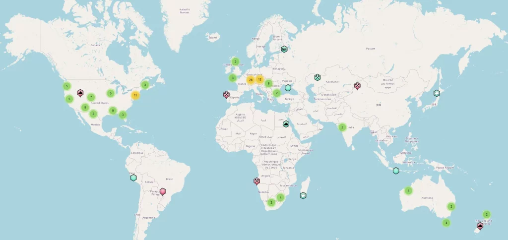 Carte des gisements de Cornaline dans le monde (source mindat.org)