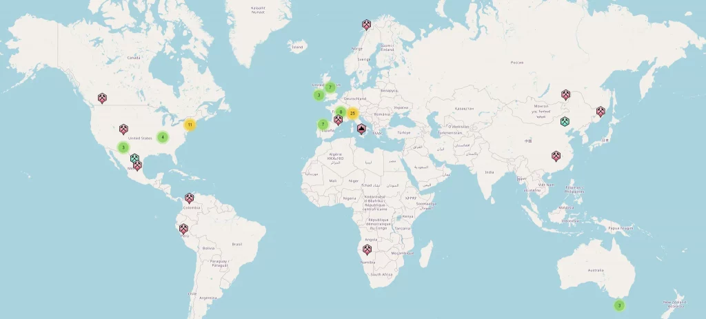 Carte des gisements de Fluorite dans le monde (source mindat.org)