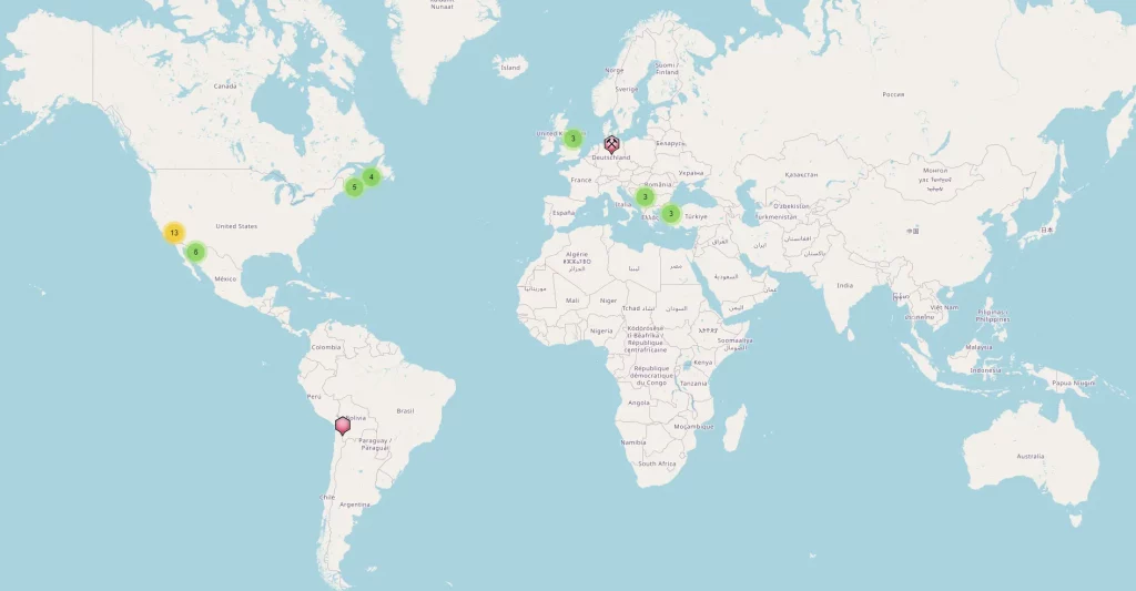 Carte des gisements de Howlite dans le monde (source mindat.org)