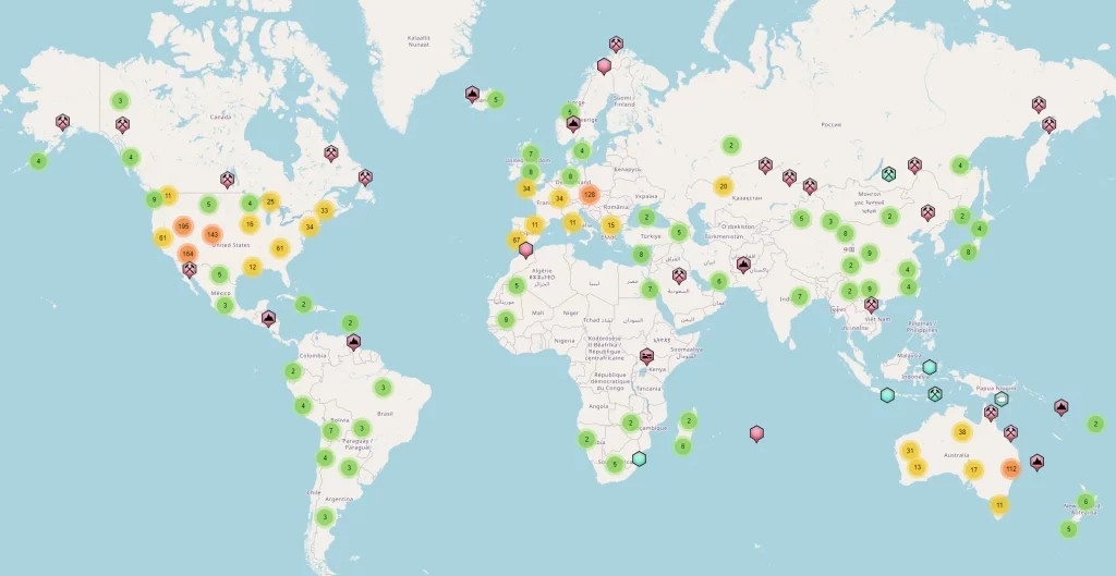 Carte des gisements de Jaspe Rouge dans le monde (source mindat.org)