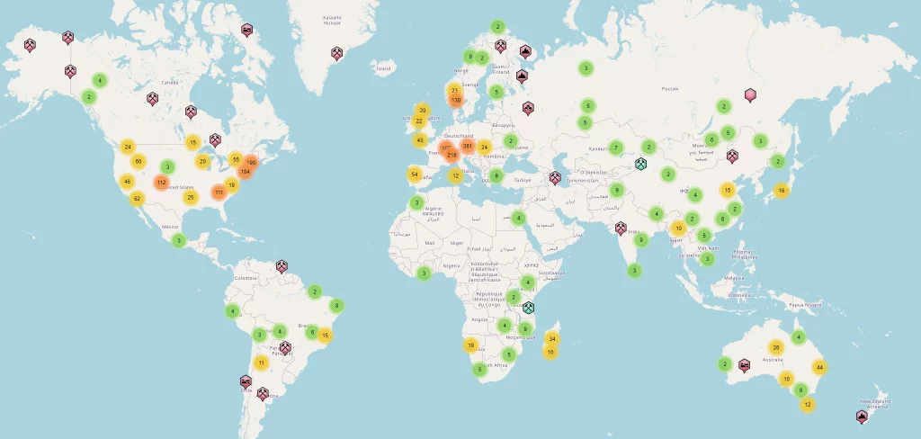 Carte des gisements de Quartz Fumé dans le monde (source mindat.org)